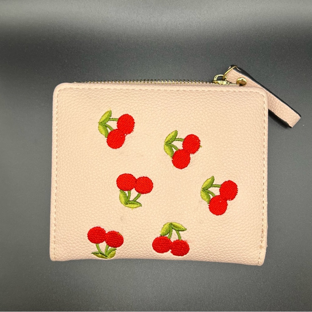 Cute pink cherry embroidered wallet